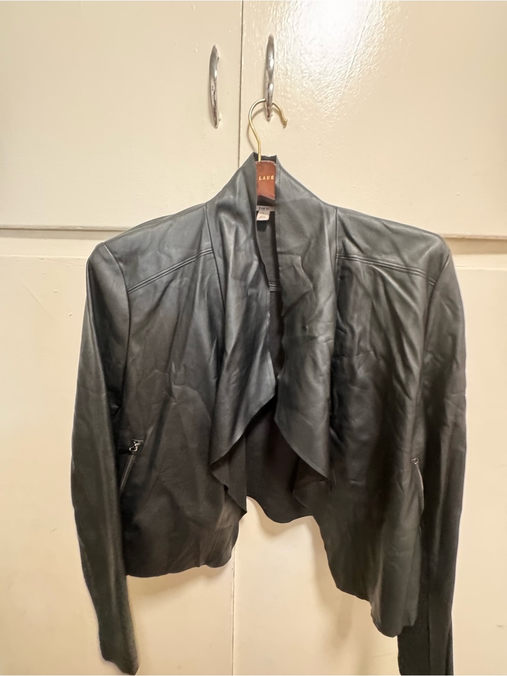 Bar III Black Draped Open-Front Leather Jacket